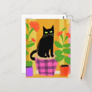 Eine schwarze Katze mit rosafarbenen Hauspflanzen, Postkarte