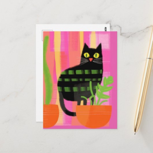 Eine schwarze Katze mit rötlich-rosa-grünem Orange Postkarte (Vorderseite/Rückseite Beispiel)