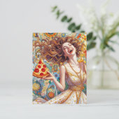Eine sehr glückliche Frau mit Pizza Postkarte (Stehend Vorderseite)