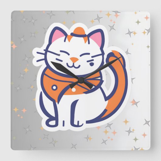 Eine sehr glückliche, weiße und rosa Tuxedo Cat Wa Quadratische Wanduhr (Vorderseite)