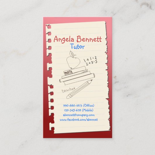Eine Seite Doodle Tutor Red Business Card Visitenkarte (Vorderseite)