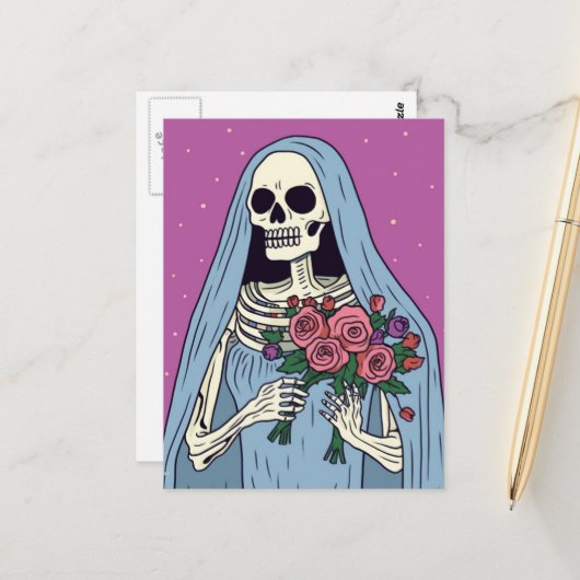 Eine Skelettbraut mit Blumen Postkarte (Vorderseite/Rückseite Beispiel)