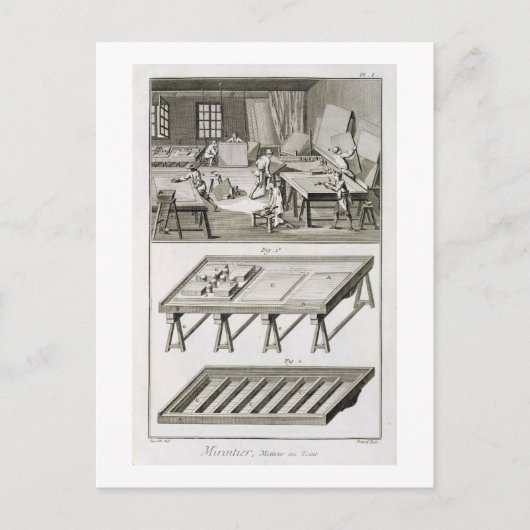 Eine Spiegelmacher-Werkstatt und Werkzeuge, von de Postkarte (Vorderseite)