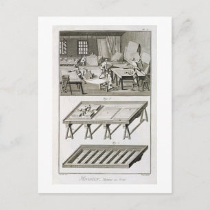 Eine Spiegelmacher-Werkstatt und Werkzeuge, von de Postkarte