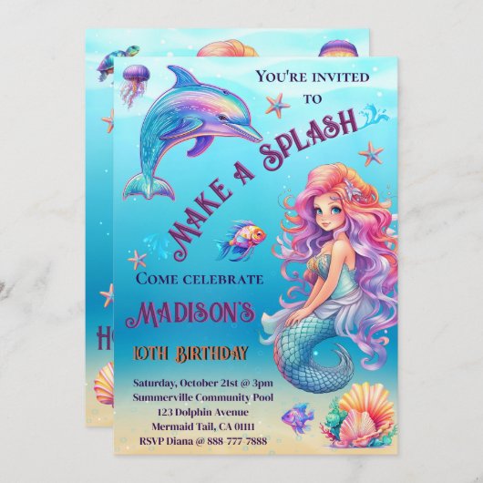 Eine Splash-Meerjungfrau unter dem Meer zum Geburt Einladung (Vorne/Hinten)