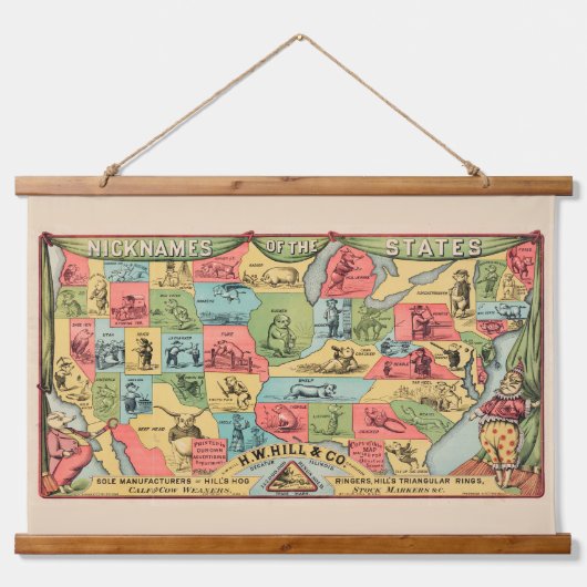 Eine stilisierte Karte der Staaten mit Nicknames Wandteppich Mit Holzrahmen (Vorne)