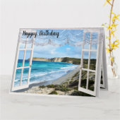 Eine Strandlandschaft durch mein Fenster, Geburtst Karte (Gelbe Blume)