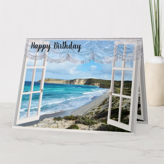 Eine Strandlandschaft durch mein Fenster, Geburtst Karte (Vorderseite)