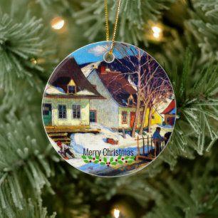 Eine Straße in einem Dorf in Quebec von Clarence G Keramik Ornament