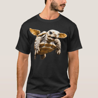 Eine Sulcata Tortoise fliegt mit einem lächelnden T-Shirt