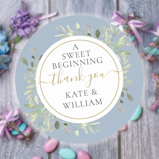 Eine süße Hochzeit mit blauen Grünpflanzen Runder Aufkleber