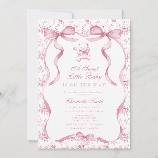 Eine süße kleine Baby Toile Bear Pink Babydusche Einladung (Vorderseite)