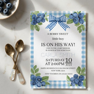 Eine süße kleine Boy Blue Gingham-Baby-Party Einladung