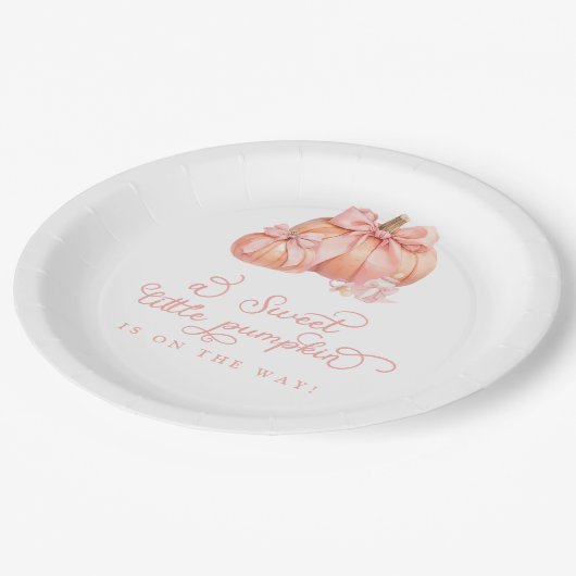 Eine süße kleine Kürbiskugel Pink Bow Babydusche Pappteller (Schrägansicht)