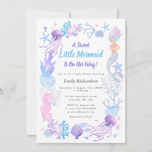 Eine süße kleine Meerjungfrau Pastel Baby Dusche Einladung (Vorderseite)