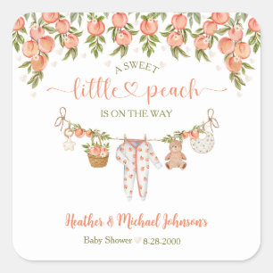 Eine süße kleine Pfirsich-Wäscheleine-Baby-Party Quadratischer Aufkleber