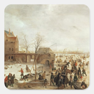 Eine Szene auf dem Eis nahe einer Stadt, c.1615 Quadratischer Aufkleber