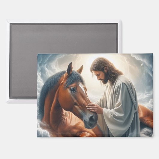 Eine Szene des Mitgefühls mit Jesus und Pferd Magnet (Vorderseite/Rückseite)