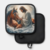 Eine Szene des Mitgefühls mit Jesus und Pferd Topflappen