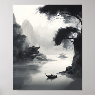 Eine Szene, die eine chinesische Landschaft und ei Poster
