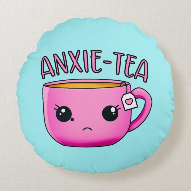 Eine Tasse ANXIE-TEA Kawaii Tea lustiger Angstpuff Rundes Kissen (Vorderseite)