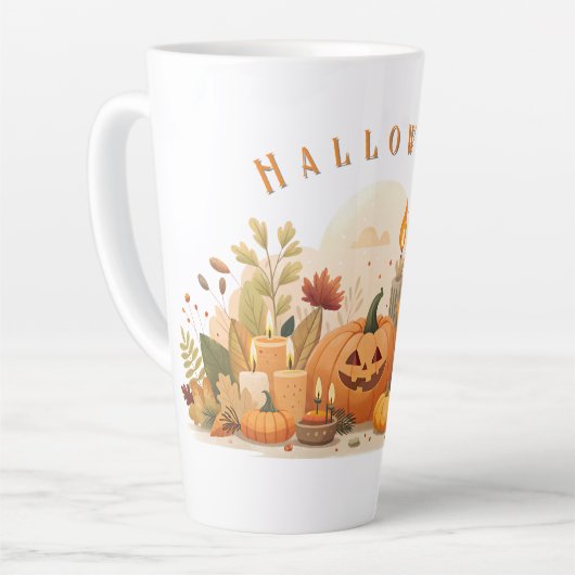 Eine Tasse mit einem Halloween-Kürbisprint (Linke Ecke)