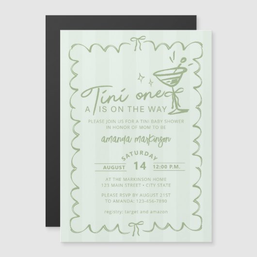 Eine Tini-One-Babydusche mit grüner Hand Magneteinladung (Vorne/Hinten)