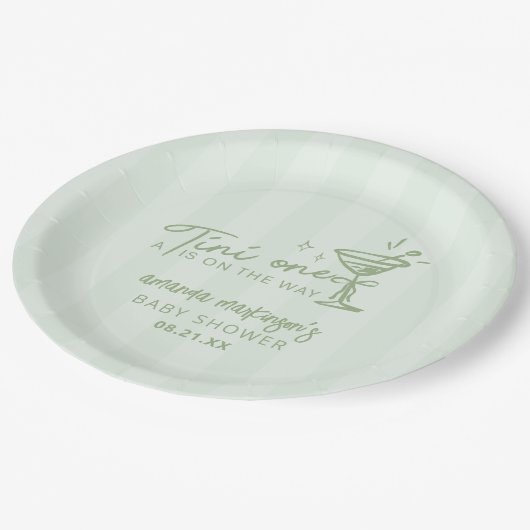 Eine Tini-One-Babydusche mit grüner Hand Pappteller (Schrägansicht)