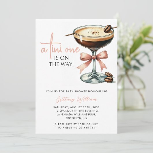 Eine Tini One Martini Girl Pink Bow Baby Dusche Einladung (Stehend Vorderseite)