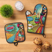 Eine trendige Illustration im Retro-Pop-Stil Ofenhandschuh & Topflappen-Set (Oben Unten)