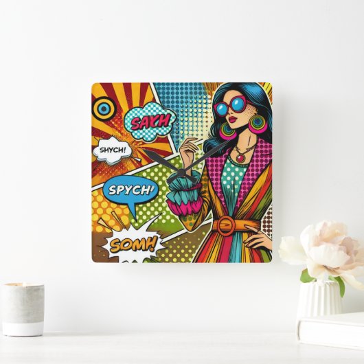 Eine trendige Illustration im Retro-Pop-Stil Quadratische Wanduhr (Zuhause)