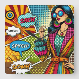 Eine trendige Illustration im Retro-Pop-Stil Quadratische Wanduhr