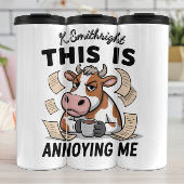 Eine verärgerte Kuh mit fliegenden Papieren Thermosbecher