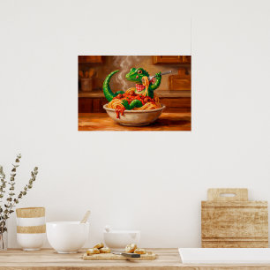 eine verspielt Eidechse, die eine köstliche Pasta  Poster