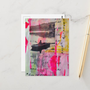 Eine Vintageboot-Mixed-Media-Collage in Rosa und G Postkarte