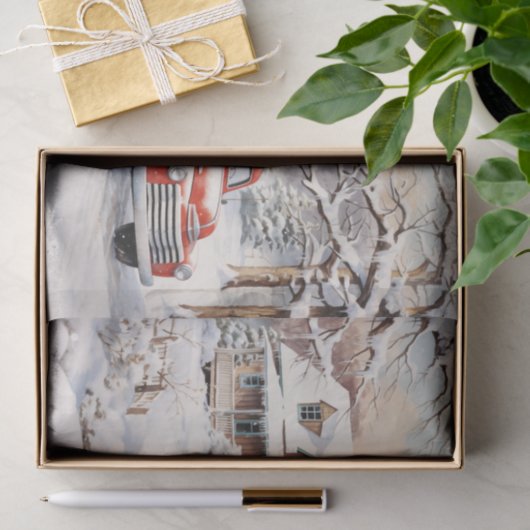 Eine Weihnachtslandschaft komplett mit rotem LKW Seidenpapier (Geschenk)