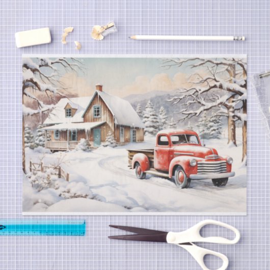 Eine Weihnachtslandschaft komplett mit rotem LKW Seidenpapier (Handwerk)