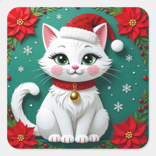 Eine weiße festliche Katze mit einem Weihnachtshin Quadratischer Aufkleber