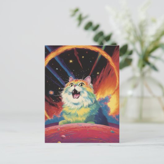 Eine weiße Katze im Weltraum Postkarte (Stehend Vorderseite)