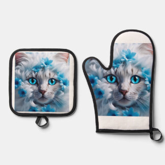 Eine weiße Katze schöne Augen  Ofenhandschuh & Topflappen-Set
