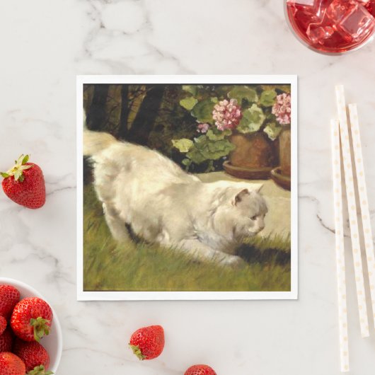 Eine weiße persische Katze, die einen Ladybug guck Serviette (Beispiel)