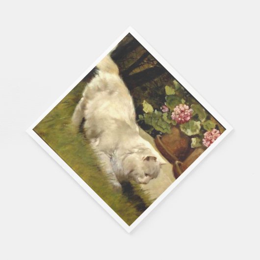 Eine weiße persische Katze, die einen Ladybug guck Serviette (Ecke)