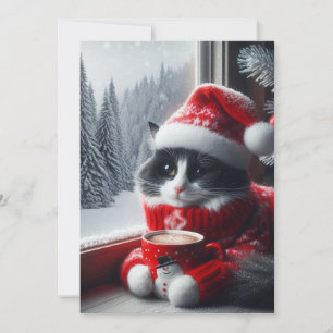 Eine weiße und schwarze Katze mit Santa-Hut Feiertagskarte