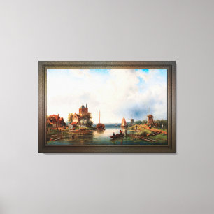 Eine weite Flusslandschaft mit Windmühlen Leinwanddruck