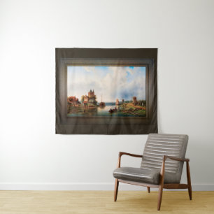 Eine weite Flusslandschaft mit Windmühlen Wandteppich