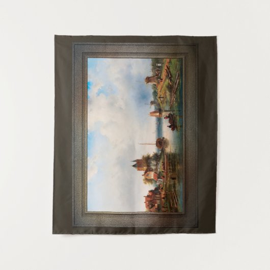 Eine weite Flusslandschaft mit Windmühlen Wandteppich (Vorderseite)