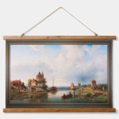 Eine weite Flusslandschaft mit Windmühlen Wandteppich Mit Holzrahmen (Vorne)