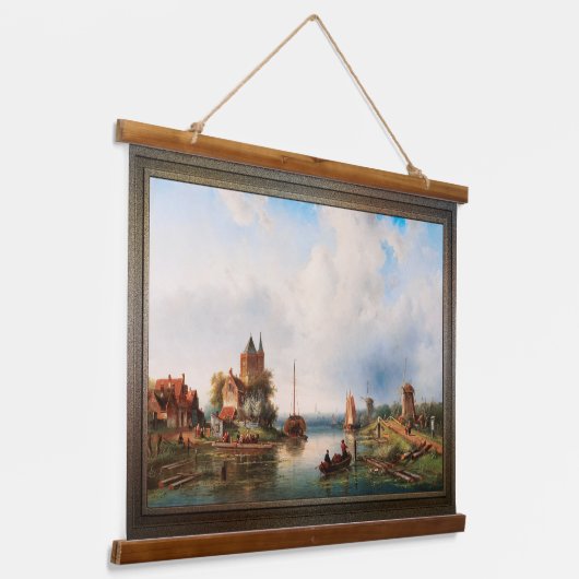 Eine weite Flusslandschaft mit Windmühlen Wandteppich Mit Holzrahmen (Gewinkelt)