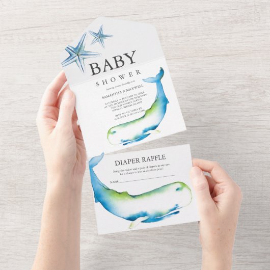 Eine Whale Boy Baby Dusche All In One Einladung (Abreißen)