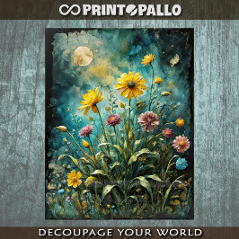 Eine Wiese aus gelben und violetten Blumen und der Seidenpapier